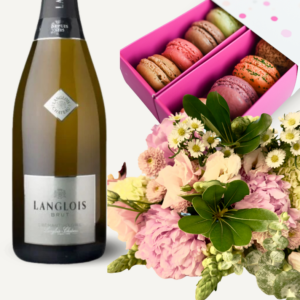 valentine sparking wine, macarons, and fresh flowers