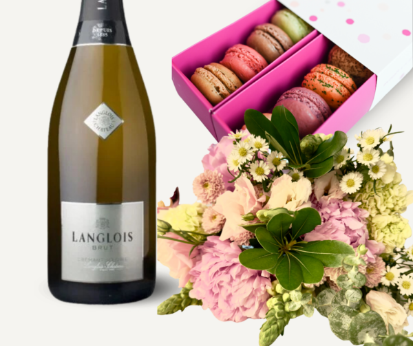 valentine sparking wine, macarons, and fresh flowers