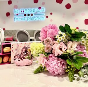 fresh flowers and macarons for valentine's day