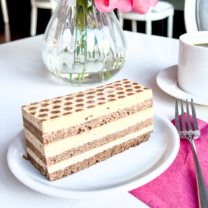 Alternating layers of chocolate sponge cake and hazelnut toffee mousse