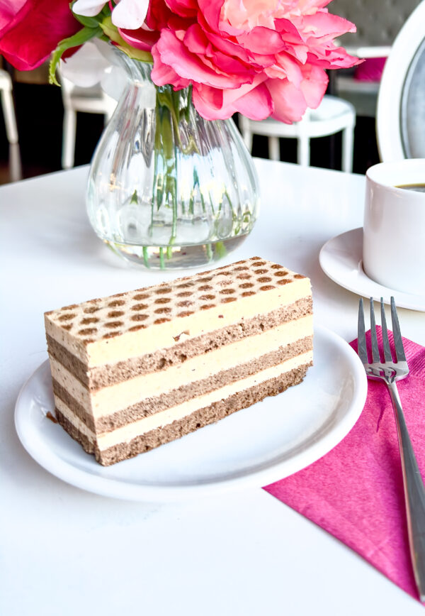 Alternating layers of chocolate sponge cake and hazelnut toffee mousse